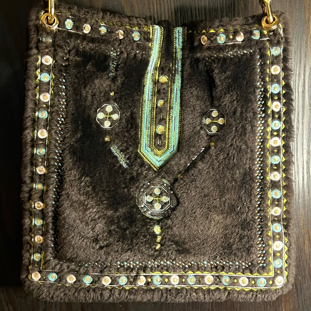 Tory Burch Embroidered Brown Sheepskin Shoulder Bag EUC